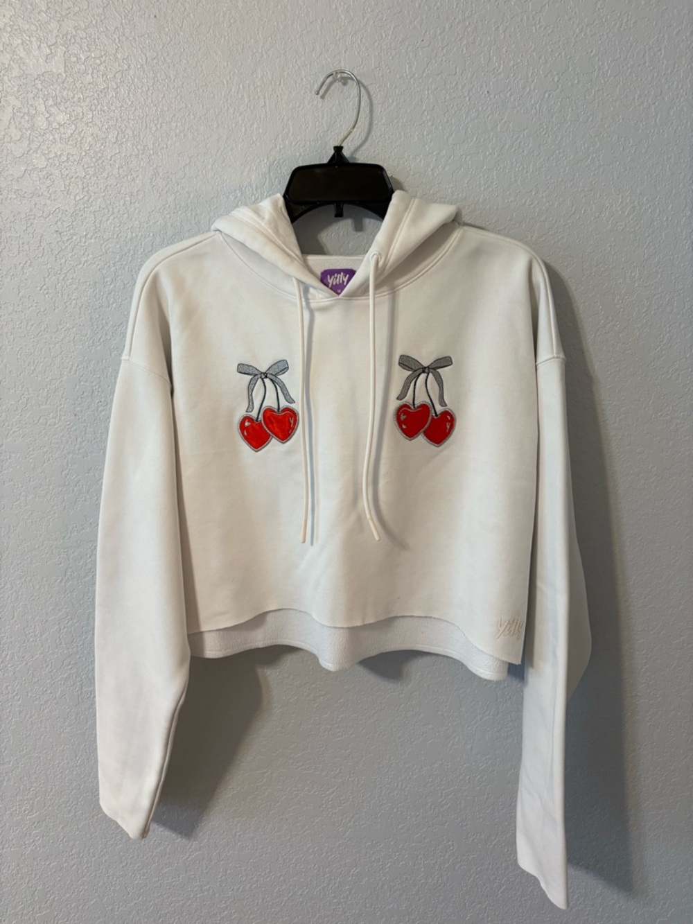 YITTY White Cropped Hoodie with Red Cherry Patch